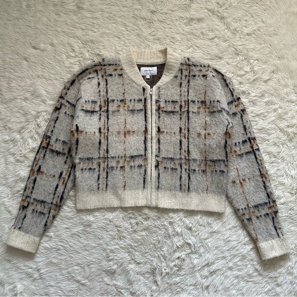 Current/Elliott Sweater The Bets Mohair Full Zip Cardigan Jacket Plaid Cream M - Picture 3 of 12